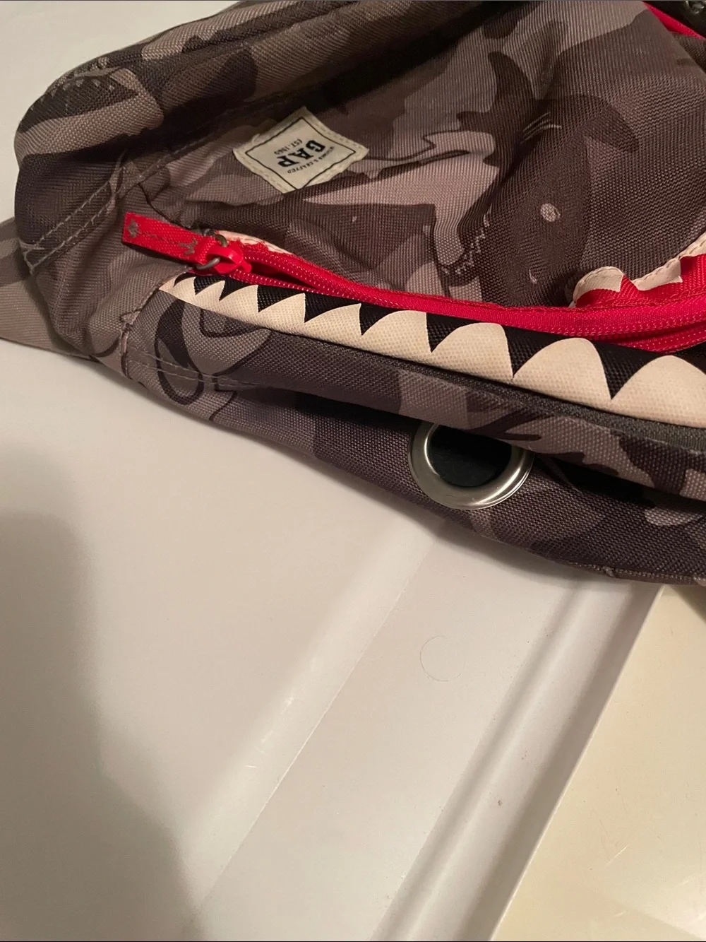 GAP Gray Camo Shark-Teeth Backpack with Red Trim